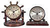 Clocks- 2 (Two) Chelsea: (1) Chelsea Clock Co., Boston, "Clinton" desk timepiece, 8 day, time only, spring-driven balance wheel movement, the case in the shape of a ship's wheel with copper and brass finish holding a 2.75in dial; (2) Chelsea Clock Co., Boston, "Milton" desk timepiece, 8 day, spring-driven balance wheel movement in a cast brass case with a 2.75in silvered dial.