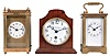 Clocks- 3 (Three) Boston and Vermont Clocks: (1) Boston Clock Co., Boston, "Sparta" carriage clock, 8 day, time only, spring-driven balance wheel movement in a gilt brass case with signed white enamel dial, serial number C4611; (2) Boston Clock Co., Boston, desk clock, 8 day, time only, spring-driven balance wheel movement in a mahogany case with white enamel dial, serial number 16322B; (3) Probably Vermont Clock Co., Fairhaven, VT, carriage clock, 8 day, time only, spring-driven balance wheel movement in a gilt brass case with white enamel dial.