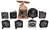 Clocks- 9 (Nine) Aircraft Clocks: Small clocks designed for aircraft instrument panels by makers including Jaeger, Junghans, Waltham, Elgin, Wittnauer, an others. The Junghans is mounted in a carved gold case featuring a bird.
