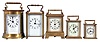 Clocks- 5 (Five) Carriage Clocks: (1) Waterbury Clock Co., Conn., "Satellite" carriage clock, 8 day, time and strike with repeater, spring-driven balance wheel movement, c1909; (2) France, carriage clock, 8 day, time only, spring-driven movement with simple balance; (3) Waterbury Clock Co., Conn., "Conductor" carriage clock, 30 hour, time and strike with repeater, spring-driven balance wheel movement, c1893; (4) Waterbury Clock Co., Conn., "Midge" carriage clock, 30 hour, time only, spring-driven balance wheel movement, c1909; (5) New Haven Clock Co., New Haven, Conn., carriage clock, 30 hour, time only, spring driven balance wheel movement.