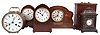 Clocks- 5 (Five) French Mantel and Shelf: All clocks with balance wheel movements, four time only in wood cases, some with inlay and one time and strike in a brass case with a white enamel dial. Miniature bracket clock may be Swiss and comes in a custom wooden carrying case. Makers and retailers include Japy Freres, H & H, Duverdrey & Bloquel, and others.