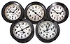 Clocks- 5 (Five) Chelsea Course Clocks: Chelsea Clock Co., Boston, for U.S. Navy, "Zig Zag 14E" course clocks, 8 day, time and course signal, spring-driven balance wheel movements in black metal and phenolic cases with top-hinged bezels, silvered dials, hack switch, and center seconds. When connected and coordinated, these clocks sent a signal to the ship's steering servos to automatically add variation to the ship's course, thus reducing the chances of being hit by a torpedo.