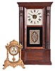 Clocks- 2 (Two): (1) Chauncey Jerome, New Haven, Conn., 8 day, time and strike, weight half column and cornice shelf clock, c1850 (2) William L. Gilbert Clock Co., Winsted, Conn., "Trinity", 8 day, time and strike, spring brass movement mantel clock, c1913