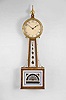 Willard school banjo wall clock, 8 day, time only, weight driven movement with T-bridge suspension in an inlaid mahogany case with reverse painted throat and lower tablets and a painted metal dial
