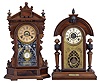 Clocks- 2 (Two): (1) Ansonia Clock Co., New York, "Niagara", 8 day, time, strike and alarm spring brass movement shelf clock, c1895 (2) E. Ingraham & Co., Bristol, Conn., 8 day, time, strike and alarm spring brass movement shelf clock, c1890 This model is very similar to the "King" model made the Ansonia Clock Co.