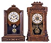 Clocks- 2 (Two): (1) Seth Thomas Clock Co., Thomaston, Conn., "Atlanta" city series shelf clock with a spring driven, 30 hour, time and strike movement in a walnut case, c1880. (2) William L. Gilbert Clock Co., Winsted, Conn., "Dacca" shelf clock with a spring driven, 8 day, time, strike and alarm movement in an ash wood case, c1885