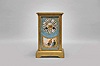 France, table or mantel regulator with polychrome enamel panels, the engraved, crystal regulator style case with sides and dial featuring men and women in gardens and landscapes, wearing fanciful Elizabethan costume, the panels bordered in blue, and dial with blue ground, and having Roman numerals within gilt bordered cartouches, gilt spade hands, 8 day, two train pendule de Paris movement, striking the hours and half hour in passing