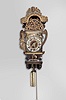 Netherlands, Frisian stoelklok, 30 hour, time and strike, weight driven movement with verge escapement, the clock resting on a polychrome painted shelf with scrolled decorations and lead ornaments with crowned lions, Roman numeral painted metal dial with landscape painting above, and pierced brass hands.