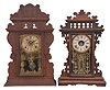 Clocks- 4 (Four) :(1) E.N. Welch, "Eclipse" mantel clock, 8 day, time and strike with alarm in a oak case, c1889; (2) E.N. Welch, "Unknown No. 37" mantel clock, 8 day, time and strike with alarm in a walnut case, c1886; (3) Ansonia Clock Co., "Kirkwood" mantel clock, 8 day, time and strike in a dark wood case, c1901; (4) Ansonia Clock Co., "X Assortment A" mantel clock, 8 day, time and strike in a dark wood case, c1914.
