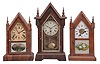 Clocks- 5 (Five): (1) New Haven Clock Co., "No. 251" mantel clock, 30 hour, time only in a zebra veneered case, c1886; (2) E.N. Welch, miniature sharp gothic mantel clock, 30 hour, time and alarm in a mahogany veneer case, c1870; (3) W.L. Gilbert, "Small Sharp Gothic", 8 day, time and strike in a rosewood veneer case, c1879; (4) E.N. Welch, sharp gothic mantel clock, 8 day, time and strike in a rosewood veneer case, c1860; (5) E.N. Welch, sharp gothic mantel clock, 30 hour, time and strike with alarm in pine case, c1860;