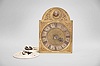 England, a mid 18th century, 30 hour posted frame clock with bracket, arched brass composite dial with matted center, roman numeral silvered chapter ring, single cut steel hand, iron movement with rectangular posts, seconds pendulum, and count wheel striking, brass clad weight, and 20th century bracket.