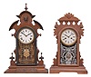 Clocks- 4 (Four): (1) "Japanese" model mantel clock, with E. N. Welch 8 day, time and strike, spring driven movement in walnut case, c1875; (2) E.N. Welch, "Amorita" mantel clock, 30 hour, time and strike, spring driven movement in a walnut case, c1886; (3) E.N. Welch, mantel clock, 8 day, time and strike with alarm, spring driven movement in walnut case, c1870; (4) Seth Thomas Clock Co., "Eclipse" mantel clock, time and strike with alarm, spring driven movement in a walnut case, c1890.
