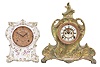 Clocks- 2 (Two) Ansonia Clock Co., New York, 8 day, time and strike, spring driven movements: (1) "Chicopee" with a white porcelain case, c1901; (2) "La Vendee" with visible escapement in a green Royal Bonn case, c1904.