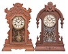 Clocks- 3 (Three): (1) Waterbury Clock Co., "Kingsland" clock, 8 day, time and strike, spring driven movement in an oak case, c1906; (2) George B. Owen, Winsted, Conn., mantel clock, 8 day, time and strike, spring driven movement in a walnut case, c1885; (3) Seth Thomas Clock Co., "New York" collage series clock, 8 day, time and strike with alarm in an oak case, c1909. Lot also includes two mantel clock backboards with paper labels and mounted movements, one 8 day and on 20 hour, by E.N. Welch and Welch Spring & Co.