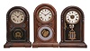 Clocks- 3 (Three): (1) Welch, Spring, & Co., Forestville, Conn., "Italian No. 1" mantel clock, 8 day, time and strike movement in a rosewood veneered case, c1878; (2) E. Ingraham, Bristol, Conn., "Venetian No. 2" mantel clock, 8 day, time and strike movement in a walnut case, c1875; (3) Welch, Spring, & Co., Forestville, Conn., "Italian No. 2, V.P." mantel clock, 8 day, time and strike with alarm in a rosewood veneered and grain painted case, c1880.