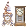Clocks- 2 (Two): (1) France, mantel clock, 8 day, time and strike, spring driven movement with silk thread suspension in a two-piece porcelain figural case, c1840; (2) Japy Freres & Cie, Paris, crystal regulator, 8 day, time and strike, spring driven pendule de Paris movement with compensating pendulum in a glazed brass case, c1905.