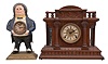 Clocks- 2 (Two): (1) Waterbury Clock Co., Waterbury, Conn., "John Bull / Squire" blinking eye or winker figural timepiece, 30 hour, time only, spring driven balance wheel movement in a painted cast iron case with papered dial, c1875; (2) F. Kroeber Clock Co., New York, "Cabinet No. 59" mantel clock, 8 day, time and strike, spring driven movement in a walnut case, c1888.