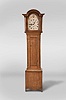 Silas Hoadley, Plymouth Conn., tall clock, 30 hour, time and strike, weight driven wooden works movement in an inlaid cherry case with fluted columns flanking hood and trunk doors and a painted wooden dial