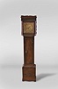 John Collins, Wattisfield, England, tall clock, 8 day, time and strike, weight driven movement in a mahogany case with crotch mahogany door on bracket feet with engraved square sheet brass dial