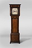 Thomas Gaskell, Knutsford, County Cheshire, England, tall clock, 8 day, time and strike, weight driven movement in a flat top heavily inlaid mahogany case with cross hatching and conch shell decorations. The painted metal square dial has seconds bit and calendar.