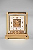 Jaeger-LeCoultre, Switzerland, "Atmos" clock, 15 jewel movement, gilt torsion pendulum, square white painted dial with applied gilt Arabic numerals and arrow markers, gilt hands all contained in a glazed rectangular case with removable front panel, serial #467632