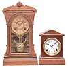 Clocks- 5 (Five): (1) Henry C. Smith, Plymouth, Conn., OG shelf clock, 30-hour time and strike with alarm, weight driven brass movement, c1845; (2) Wm. L. Gilbert Clock Co., Winsted, Conn., "Ersa" shelf clock, 8 day, time and strike, spring driven movement in a walnut case, c1885; (3) Seth Thomas Clock Co., Thomaston, Conn., "Dana No. 3" mantel clock, time and strike, spring driven movement in a mahogany adamantine case, c1913; (4) Seth Thomas Clock Co., Thomaston, Conn., Unlisted mantel clock, time and strike, spring driven movement in a mahogany adamantine case, c1900; (5) Ansonia Clock Co., New York, "Loire" mantel clock, time and strike, spring driven movement with visible Brocot escapement in an enameled iron case, 1904.