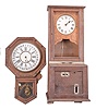 Clocks- 4 (Four) Wall: (1) Sessions Clock Co., "Regulator E", 8 day, time and simple calendar in an oak case with customized pendulum, c1910; (2) New Haven Clock Co. for the American Wringer Co., "Braddock", 8 day, time and simple calendar in an oak case, c1900; (3) Store regulator, time and strike, spring driven clock fitted with a Chauncey Jerome weight driven movement; (4) Wall-mounted time recorder in an oak case, c1930.
