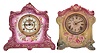 Clocks- 2 (Two) Porcelain mantel: (1) Ansonia Clock Co., New York, "La Lorne" mantel clock, 8 day, time and strike, spring driven movement with visible Brocot escapement in a richly decorated Royal Bonn porcelain case with two-piece enamel dial, c1900; (2) Ansonia Clock Co., New York, "La Sedan" mantel clock, 8 day, time and strike, spring driven movement in a polychrome Royal Bonn porcelain case, c1914;
