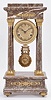 French portico clock reproduction, 8 day, time and strike, spring driven over sized French-style movement in a four-column case of variegated gray marble with applied cast gilt ornaments and pendulum, Breguet style hands.