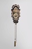Netherlands, Frisian stoelklok, 30 hour, time and strike with alarm, weight driven movement with verge escapement, the clock resting on a polychrome painted shelf with mermaids and painted floral decoration, lead ornaments throughout, Roman numeral painted, arcaded dial with landscape painting with windmills above, and pierced brass hands.