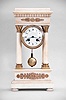 S. Marti, Paris, miniature portico clock, 8 day, time and strike, spring driven pendule de Paris movement in a white marble case with four columns, cast gilt ornaments, Corinthian column bases, and capitals, Roman numeral white enamel dial with blued steel Breguet hands.