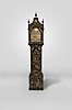 John Dewe, London, England, tall clock, 8 day, time and bell strike, weight driven movement in an ebonized and japanned pagoda top case with three finials resting on a base with a cutout skirt. The brass dial has seconds bit, calendar, silvered chapter ring, boss engraved "Tempus Fugit" flanked by two brass dolphin spandrels, corner spandrels with female heads, signed by maker below 6.