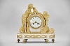 Samuel Marti, Paris, France, figural mantel clock, 8 day, time and strike, spring driven pendule de Paris movement in a white marble case on turned brass feet with applied gilt ornaments, supporting gilt figures of a woman, dog, and Cupid, white convex enamel dial with Arabic numerals and gilt fleur-de-lis hands.
