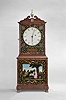 Aaron Willard, Boston, Massachusetts shelf clock, 8 day, time only, weight driven movement in a mahogany case with painted metal dish dial with reverse painted upper and lower tablets surmounted by brass finial and resting on cast brass hairy paw feet