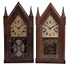 Clocks- 4 (Four) Time and strike, spring driven mantel clocks: (1) Elisha Manross, Bristol, Conn., sharp gothic or steeple clock, 30 hour movement in a mahogany veneer case, c1845; (2) Brewster & Ingrahams, Bristol, Conn., sharp gothic or steeple clock, 8 day movement in a figured hardwood veneer case, c1850; (3) Wm. L. Gilbert, Winsted, Conn., "Champion N" cabinet clock, 8 day movement in an oak case, c1895; (4) Wm. L. Gilbert, Winsted, Conn., "Dacca" cabinet clock, 8 day movement in an ash case, c1885;
