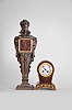 Clocks- 2 (Two): (1) French, Japy Freres, 8 day, time and strike spring brass movement figural clock. c1900 (2) French, 8 day, time and strike spring brass movement inlaid brass and burl walnut marquetry balloon style case. c1900