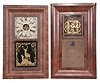 Clocks- 4 (Four) :(1) Scarce C. Jerome & Co., Richmond, Virginia, 30 hour, time and strike weight wood movement half column & splat shelf clock. c1835 (2) Scarce C. Jerome, & Co., Richmond, Virginia, 30 hour, time and rack & snail striking weight brass movement double decker shelf clock with carved eagle splat. c1835 (3) Seth Thomas, Thomaston, Conn., 30 hour, time and strike weight brass movement OG shelf clock. c1875 (4) Chauncey Jerome, New Haven, Conn., 30 hour, time, strike and alarm weight brass movement OG shelf clock. c1845.