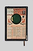 Bally Manufacturing Co., Chicago, Illinois, "Bosco" coin-operated dice trade stimulator, 110v motor powering an enclosed platform that rotates three dice with reversible payout poster featuring with beer one side and cigarettes on the other, all housed in a wood box with glass top.