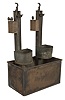 Espy Curtis and Co., Chicago, Illinois, "Curtis Egg Timer" cooking device, two spring driven timers with verge and foliot escapements, copper water vessel, two movement stands, and two egg cooking pans to accommodate six eggs total.