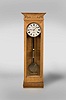 Seth Thomas Clock Co., Thomaston, Conn., regulator movement in an associated custom oak case with meter length pendulum and brass bob, painted metal dial and seconds bit