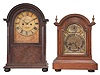 Clocks- 2 (Two): (1) England, J. R. Laing, Glasgow, 8 day, time and strike spring fusee brass movement bracket clock. c1900 (2) German, Winterhalder & Hofmeier, 8 day, time and strike spring brass movement bracket clock. Dial is signed "A.W. Pridham", Manchester (England). c1900