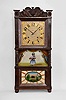 Clocks- 2 (Two): (1) C. & L. C. Ives, Bristol, Conn., 8 day, time and strike weight brass movement triple decker shelf clock with carved splat and center columns. c1835 (2) Seth Thomas, Plymouth, Conn., 30 hour, time and strike weight wood movement short fully carved half-column and splat shelf clock. c1832