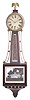 Clocks- 2 (Two) Banjo: (1) Unknown, banjo clock, 8 day, time only, spring driven movement in a full size wood case, c1980; (2) Banjo clock, 8 day, time only with moon phase, weight driven movement in a mahogany case with gilt molding, back-painted glasses, and painted metal dial, c2010.