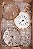 Clocks- 5 (Five): glass paperweight timepieces, 8 day, spring driven balance wheel car clock movements by Waltham, Elgin, and others in brass cases crown, pendant, and bows, covered with magnifying glass hemispheres, most with white enamel dials, some with black steel hands.
