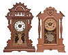 Clocks -2 (Two): (1) Russell & Jones Clock Co., Pittsfield, Mass., "Detroit" shelf clock with a spring driven 8 day time, strike and alarm movement in an oak case. c1890. (2) Seth Thomas Clock Co., Thomaston, Conn., "Eclipse" shelf clock with a spring driven 8 day time, strike and alarm movement (lyre) in a walnut case. c1890.