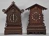 Clocks- 4 (Four) Cuckoo: (1) Scarce A. Frankfeld and Co., New York, shelf cuckoo, 8 day, time and strike with cuckoo bird, modified spring driven Waterbury movement in a fretwork case, c1870; (2) Gordian Hettich & Sohn, Furtwangen, Germany, shelf cuckoo, 8 day, time and strike with cuckoo in carved wood case, c1890; (3) Philipp Haas & Sohne, St. Georgen, Germany, cuckoo clock, 30 hour, time and strike with cuckoo, c1906; (4) American Cuckoo Clock Co, Philadelphia, cuckoo clock, 30 hour, time and strike with cuckoo in a carved wood case, c1910.