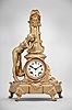 Ansonia Clock Co., New York, "Fountain" figural mantel clock, 8 day, time and strike, spring driven movement with cream porcelain dial and blued steel hands mounted within a case depicting a young woman drinking from a tall fountain.