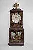 Massachusetts Shelf Clock signed "Aaron Willard, BOSTON", 8 day, time only, weight driven movement in a mahogany case with painted metal dish dial with reverse painted upper and lower tablets surmounted by brass eagle finial