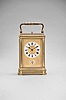 Attributed to Holingue Freres, for Breguet, 12 Rue De La Paix, Paris, a Gorge cased, grand sonnerie striking carriage clock with leather bound box, the gilt brass case set with five beveled glass panels, gilt dial mask signed "Breguet No. 2739", roman numeral ivory dial, with subsidiary Arabic numeral ivory alarm dial, blued steel hands, 8 day, three train movement with lever platform, striking the hours and quarters in passing, and repeating the last hour and quarter on demand, the base with three position lever for silence, petite sonnerie or grand sonnerie, with leather bound, velvet lined travel case, the inside of the lid with the Breguet name and address in gold, the bottom also with the Breguet mark, and "No. 2739", with original key