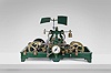 Europe, tower clock, time and strike, weight driven movement with pinwheel escapement and indicator dial in a green painted cast iron frame
